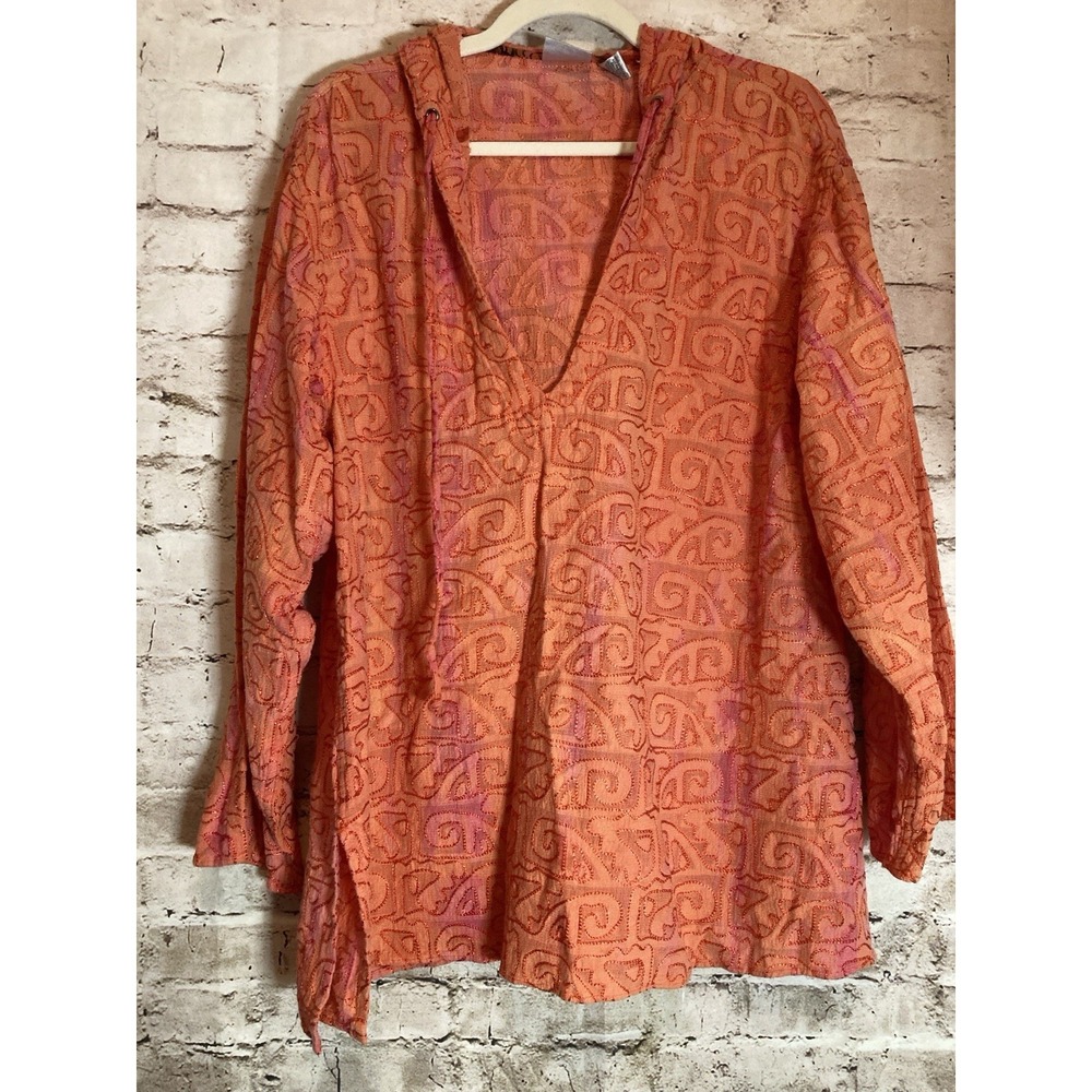 Chico's Tunic Top Size XL In Coral Orange Gauzy All Over Embroidery Hooded